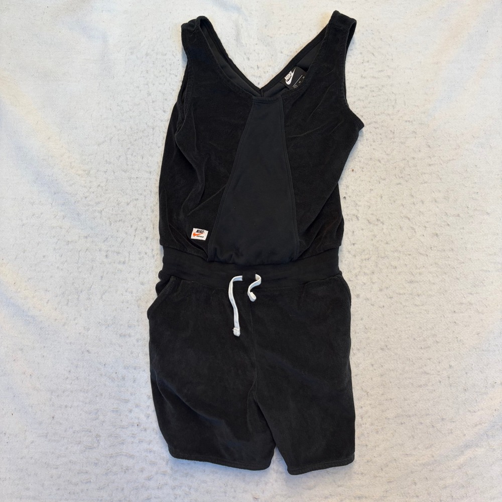 Nike Terry Cloth Romper Womens XL Black Sleeveless V-Neck Drawstring
